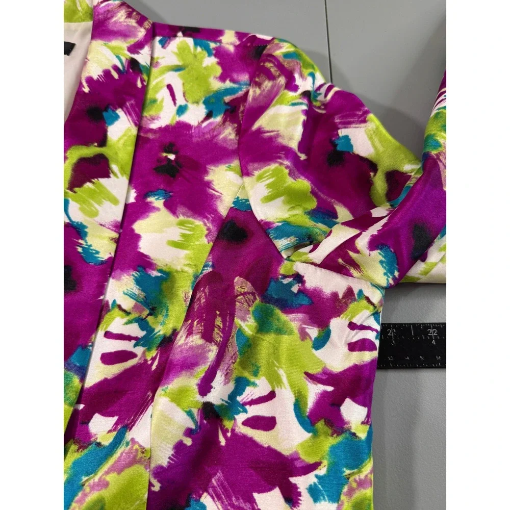 Kasper Floral Blazer Women 12 Magenta Green Excellent Abstract Open Front Jacket - Picture 12 of 14